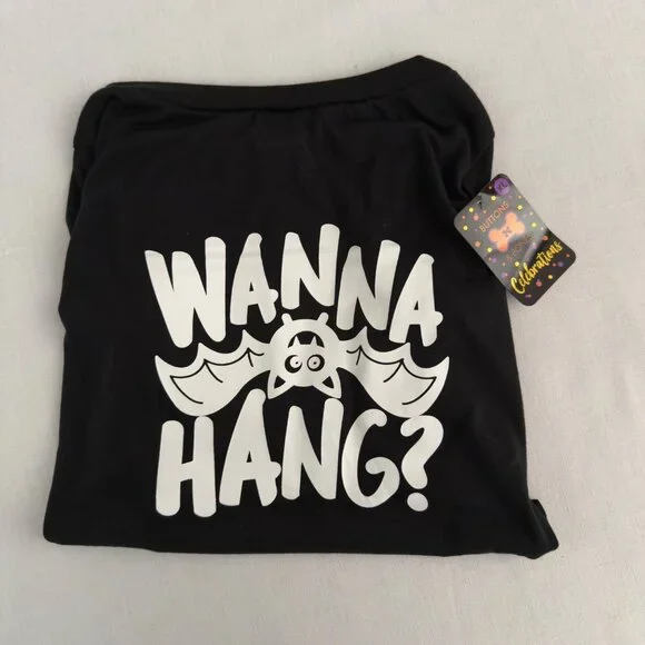 Wanna Hang Dog Shirt Halloween Pet Tee Size XL Black Bat Design Buttons and Bone - Picture 7 of 7